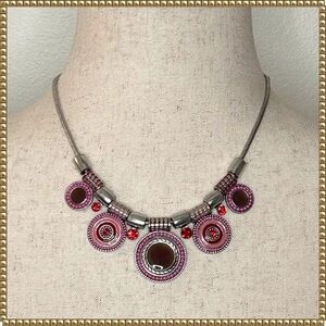 Boho Silver Tone Crystal Enamel Pendant Necklace